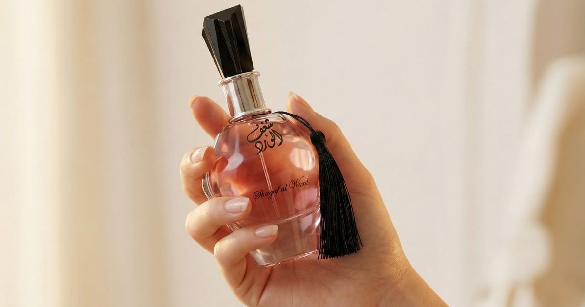 Imagem lifestyle de perfume árabe feminino doce floral Shagaf Al Ward em ambiente noturno