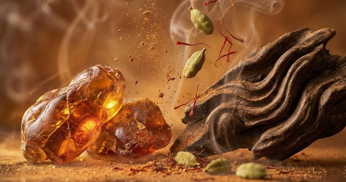 Composição com âmbar, especiarias e fumaça suave, evocando o universo sensorial dos perfumes árabes.