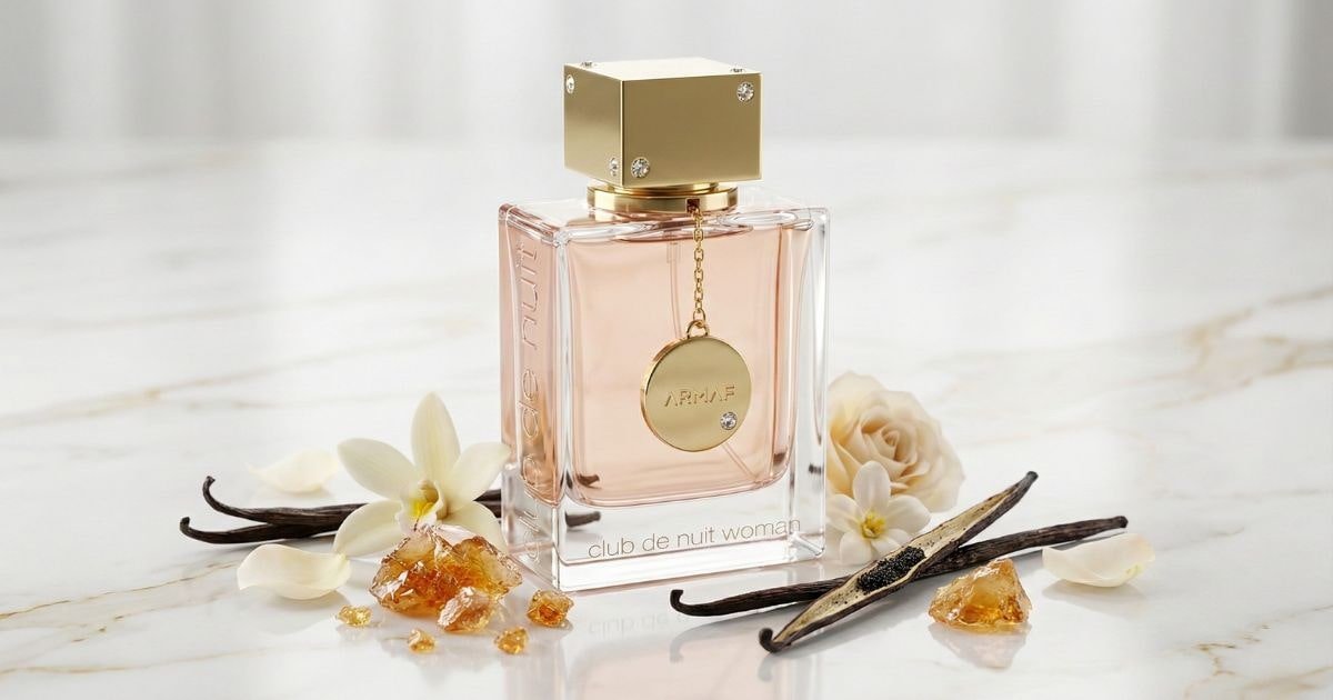 Imagem editorial de perfume árabe feminino doce premium Armaf Club de Nuit Woman em cenário elegante