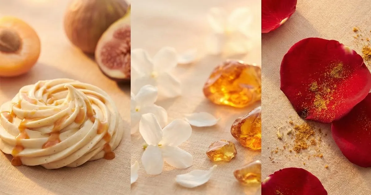 Frascos de perfumes árabes gourmands femininos com líquidos rosados e âmbar, dispostos em composição elegante.