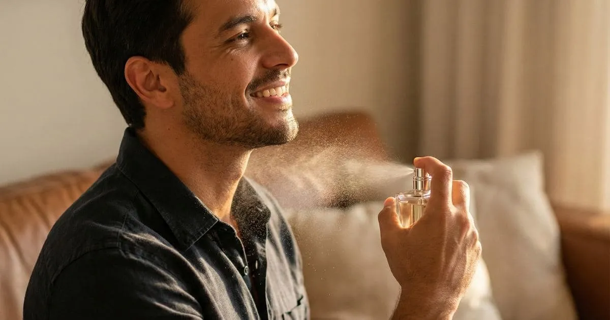 Homem aplicando perfumes masculinos árabes estilos e notas marcantes em ambiente editorial luxuoso.