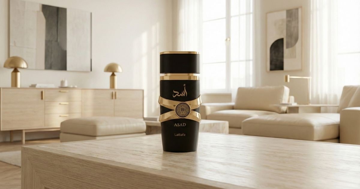 Frasco do perfume Lattafa Asad em ambiente editorial claro, apoiado em superfície elegante