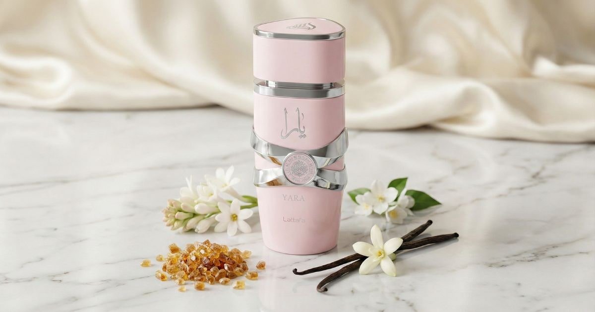 Imagem editorial de perfume árabe feminino Lattafa Yara representando doçura cremosa e sensualidade noturna