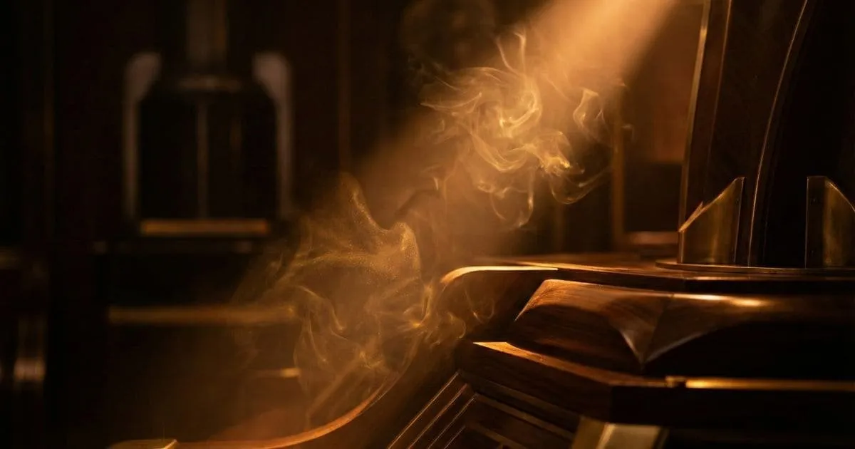 Feixe de luz âmbar iluminando fumaça suave sobre madeira escura, simbolizando a atmosfera intensa da perfumaria árabe.