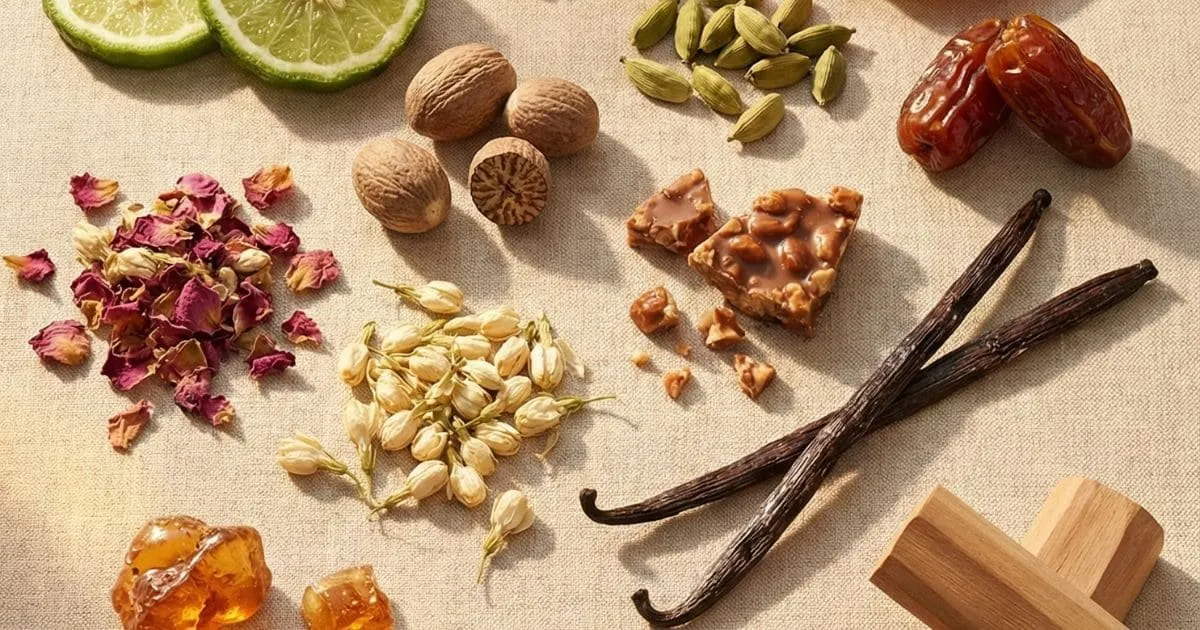 Notas olfativas de perfumes árabes unissex: especiarias, frutas, baunilha, flores e âmbar.