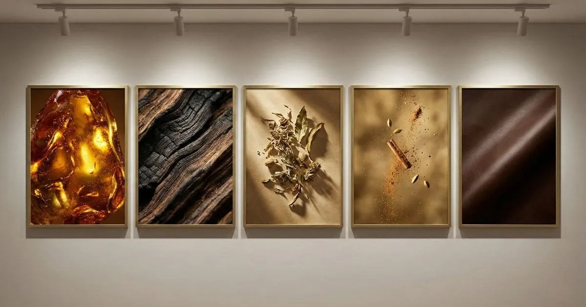 O que são Perfumes Árabes: painel com texturas de âmbar, oud, especiarias, ervas secas e couro, representando DNAs típicos.