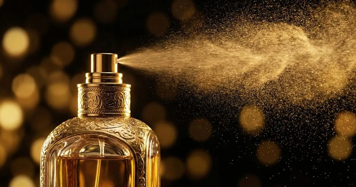 borrifada de perfume com oud em ambiente noturno elegante