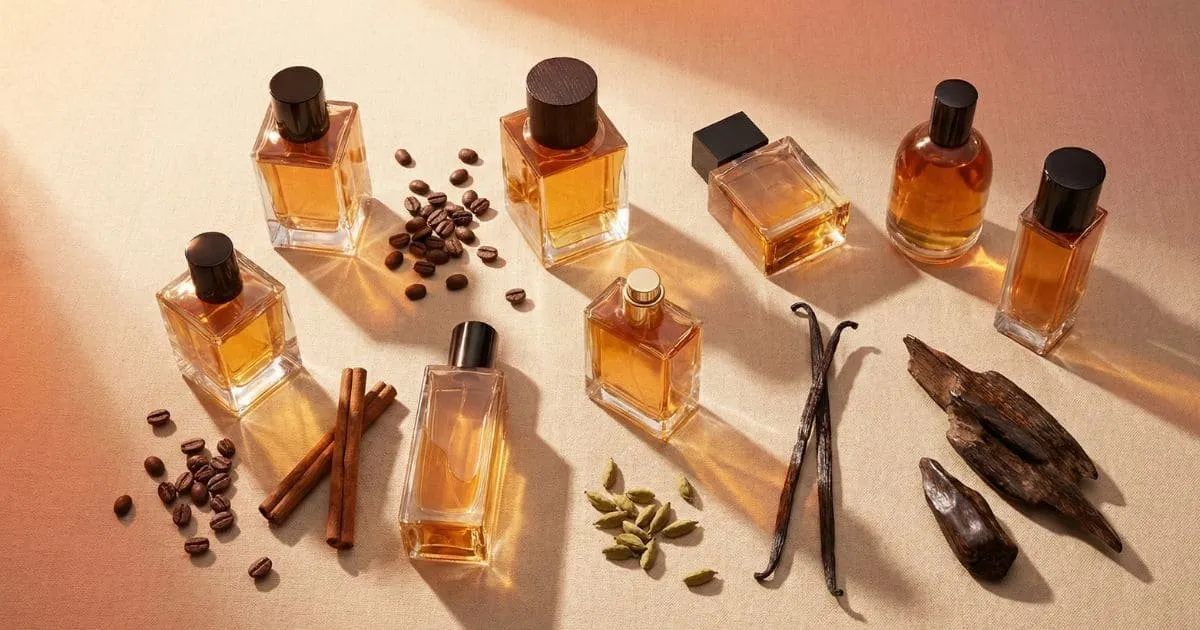 Moodboard editorial de perfumes árabes unissex em 2025: âmbar, especiarias e madeiras cremosas.