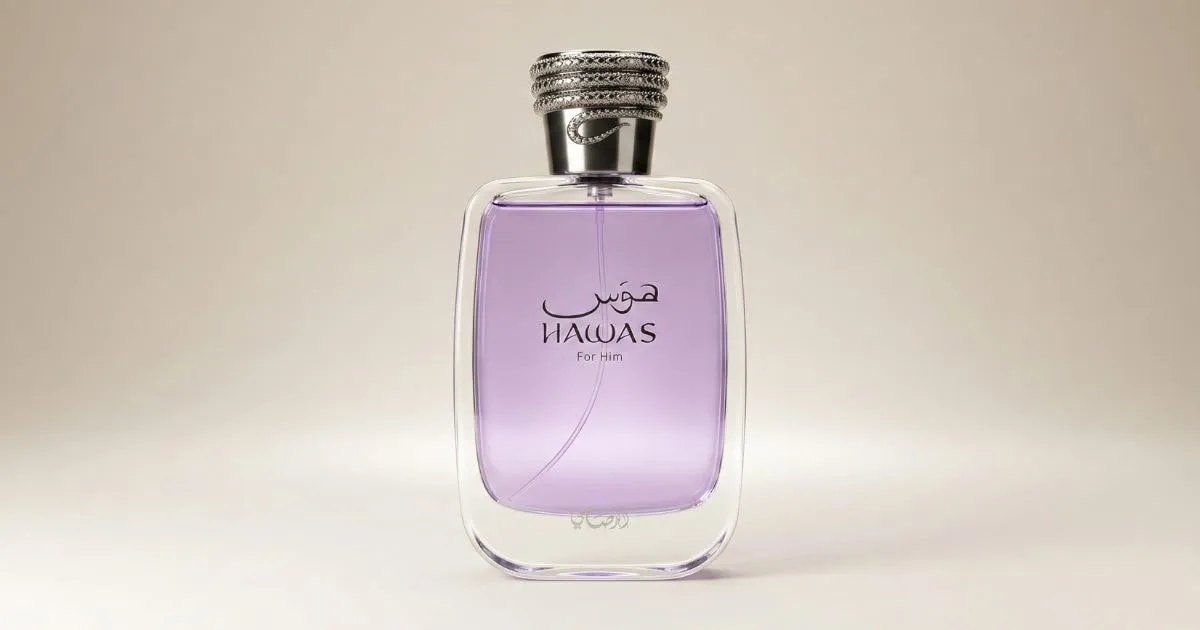 Frasco do Rasasi Hawas for Him, um dos perfumes árabes masculinos mais vendidos por sua fixação imbatível.