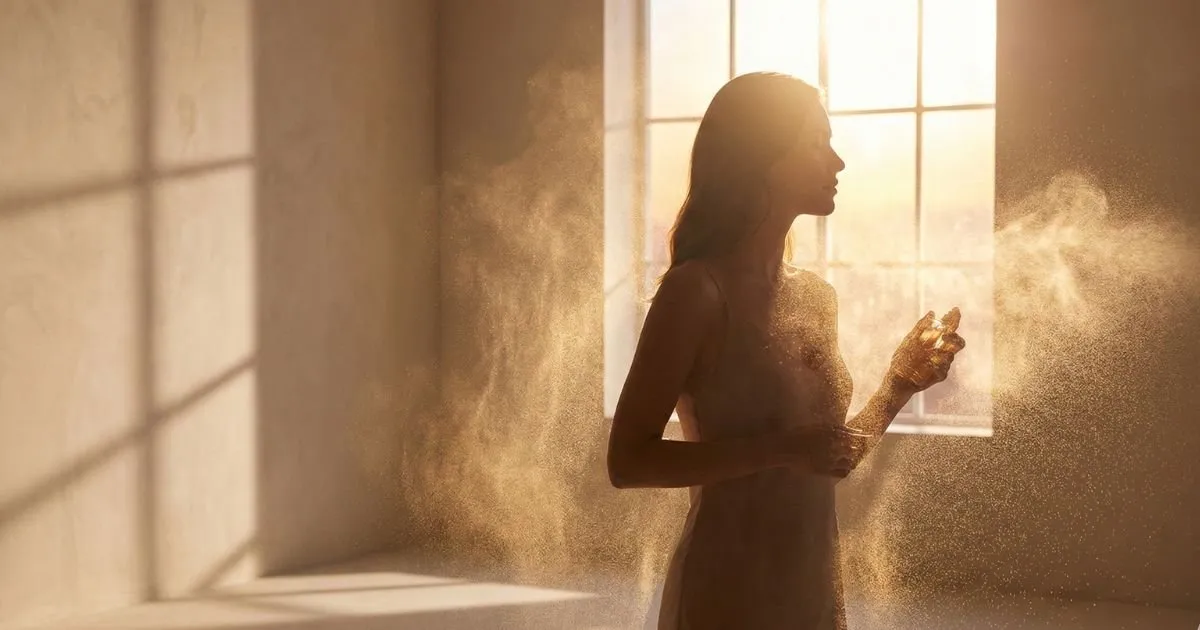 Close de borrifada de perfume árabe feminino com fundo escuro e rastro luminoso.