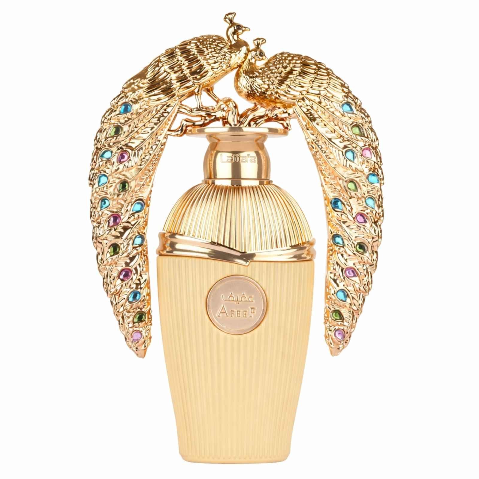Lattafa Afeef Eau de Parfum 100 ml com frasco creme e pavões dourados