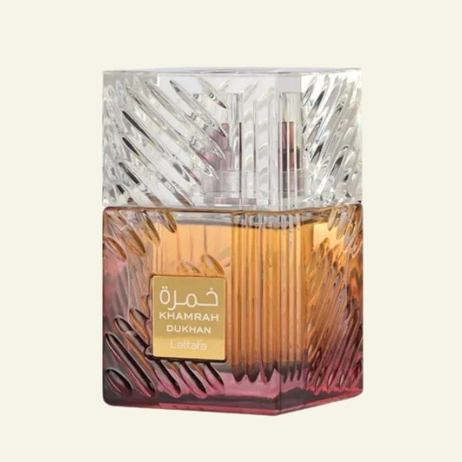Frasco do perfume Lattafa Khamrah Dukhan EDP 100ml unissex, amadeirado especiado