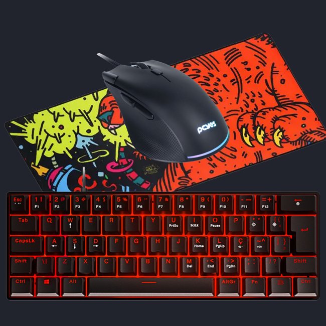 KIT TECLADO MECANICO PCYES ZOT 60% SWITCH BLUE + MOUSE GAMER PCYES ZYRON 12800DPI BLACK + MOUSE PAD GAMER TIGER EXTENDED 900X420 