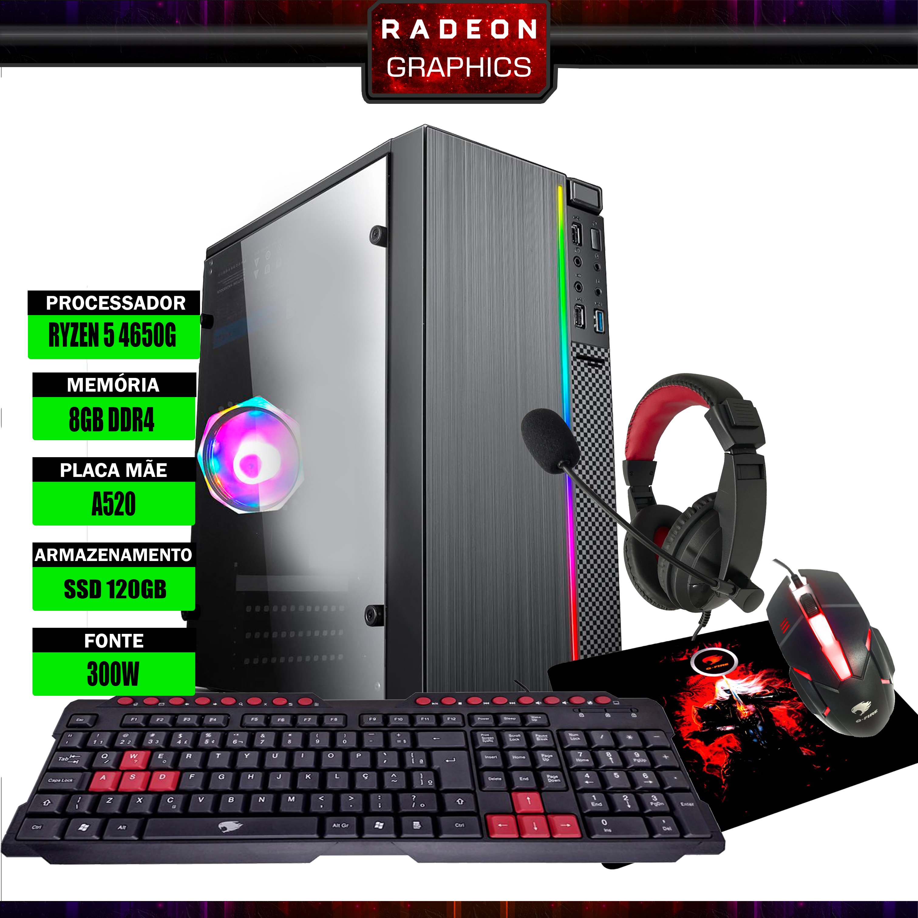 Pc Gamer Completo G-Fire Htg-777 AMD Ryzen 5 Pro 4650G 8Gb (Radeon Graphics  2Gb) SSD 120GB 300W/Monitor 18