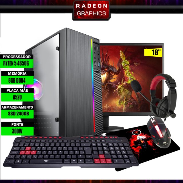 Pc Gamer G-Fire Completo  Htg-781 AMD Ryzen 5 Pro  4650G 8Gb (Radeon Graphics 2Gb) SSD 240GB 300W/monitor  18''