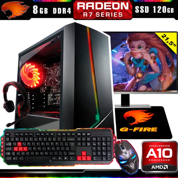 Pc Gamer Completo G-Fire Htg-777 AMD Ryzen 5 Pro 4650G 8Gb (Radeon Graphics  2Gb) SSD 120GB 300W/Monitor 18