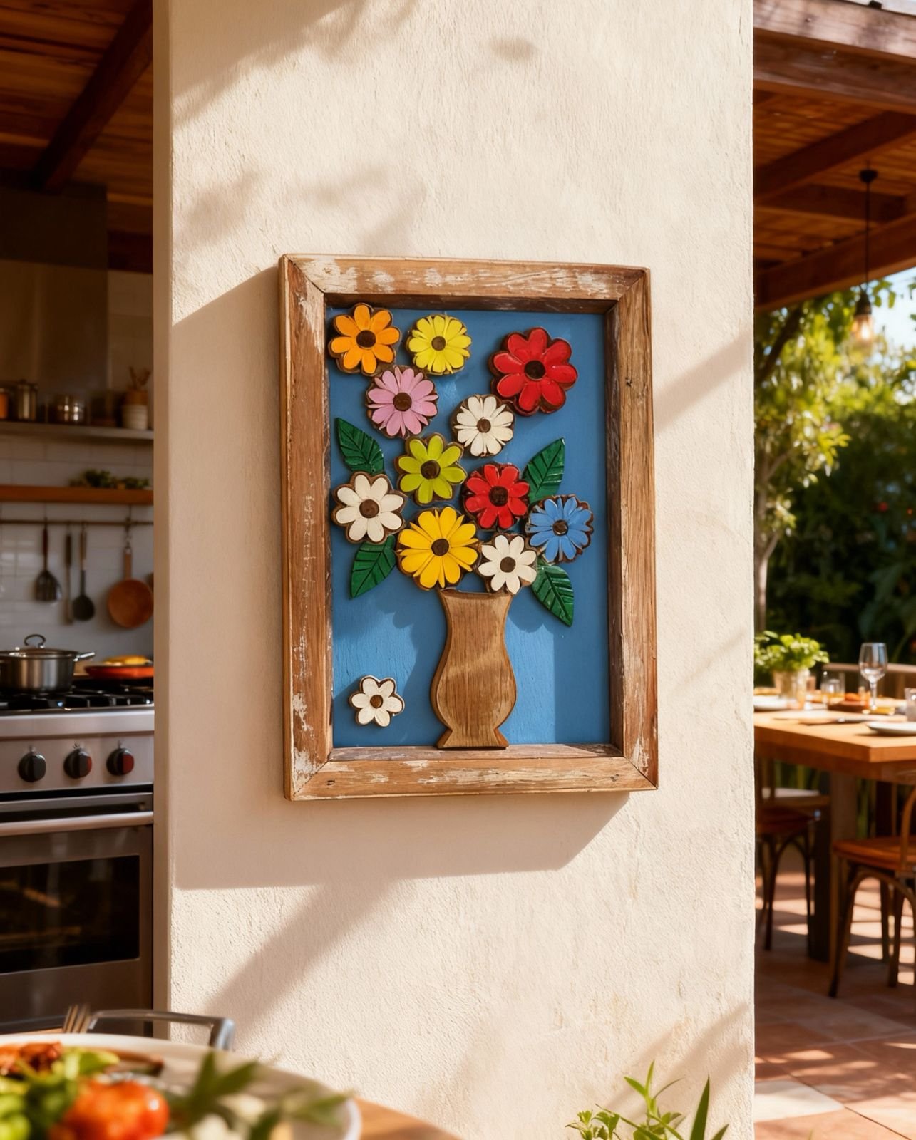 QUADRO RÚSTICO FLORES DE MADEIRA ARTESANAL AZUL | Gilgal Arte Mineira
