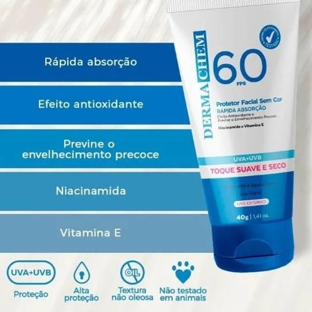 Protetor Solar Rosto Fps 60 Sem Cor 40g - Dermachem | Arthela