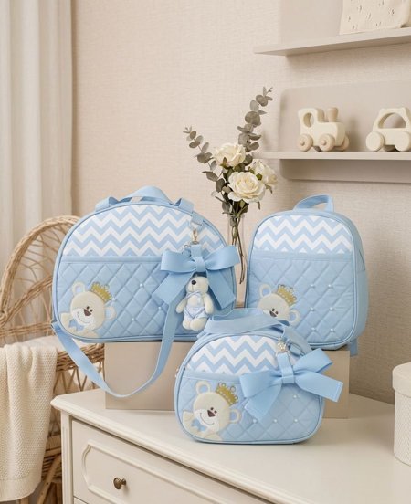 Kit Urso Chevron Azul Claro 3 Peças | ENCOMENDA | Vienna Bag