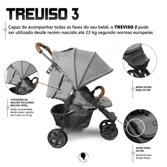 Carrinho De Bebê Treviso 3 Woven Grey Com Couro Abc Design