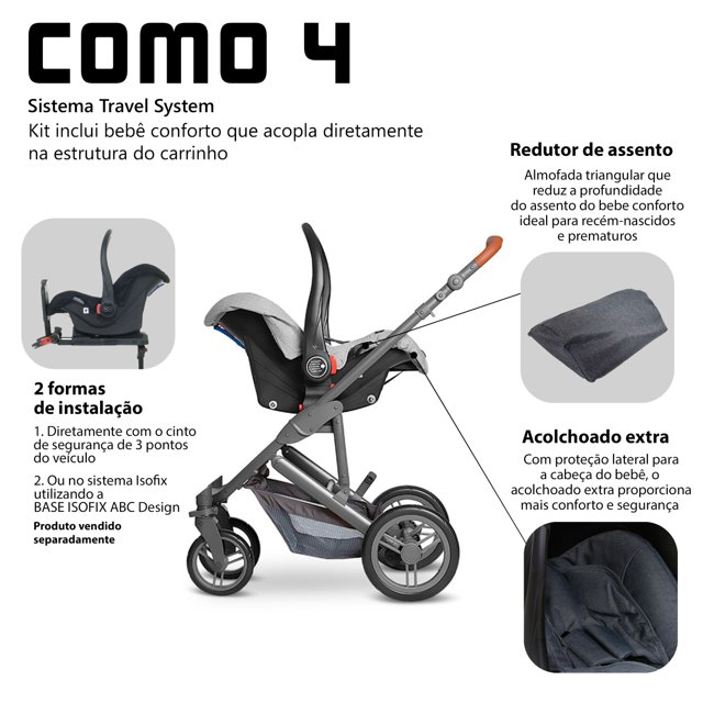 Conjunto Carrinho Como 4 c/ Moisés + Bebê Conforto e Bolsa Abc Design