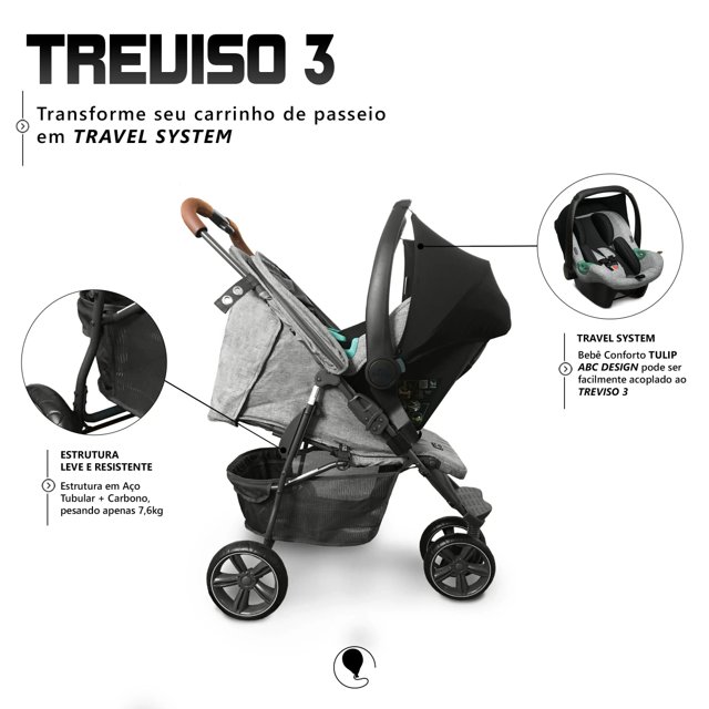 Carrinho De Bebê Treviso 3 Woven Grey Com Couro Abc Design