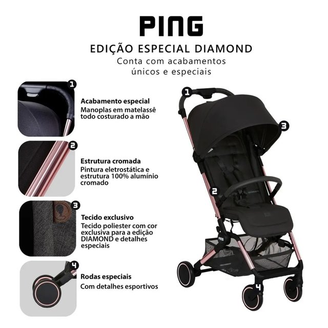 Carrinho De Bebê Ping Rose Gold Diamond 0 A 15KG Abc Design
