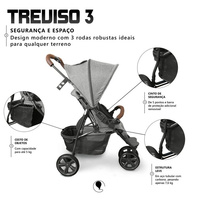 Carrinho De Bebê Treviso 3 Woven Grey Com Couro Abc Design