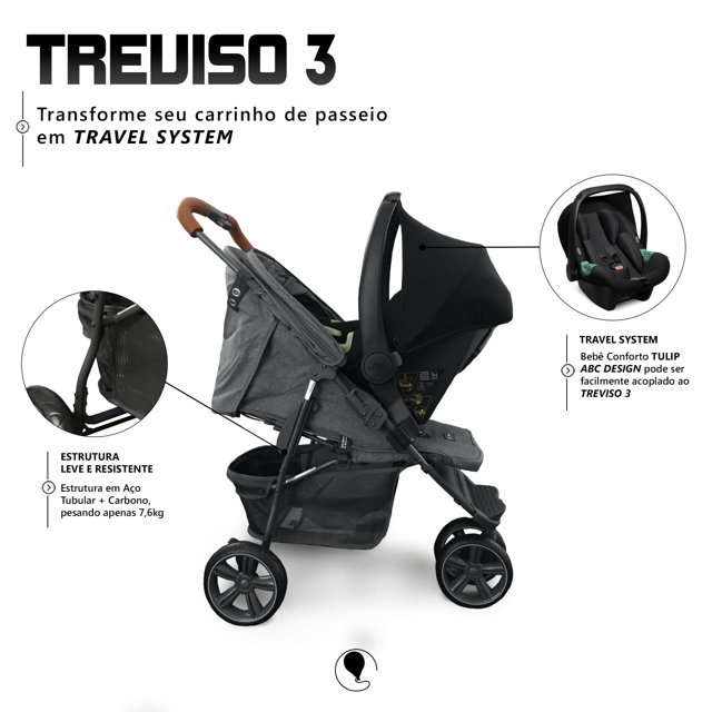 Carrinho De Bebê Treviso 3 Woven Com Couro Abc Design