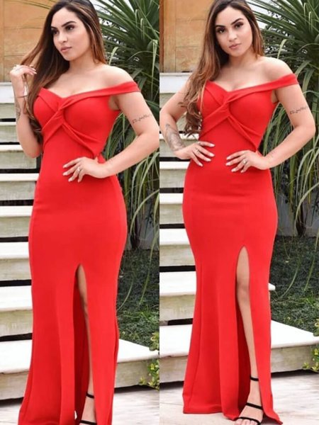 vestido vermelho ombro a ombro longo