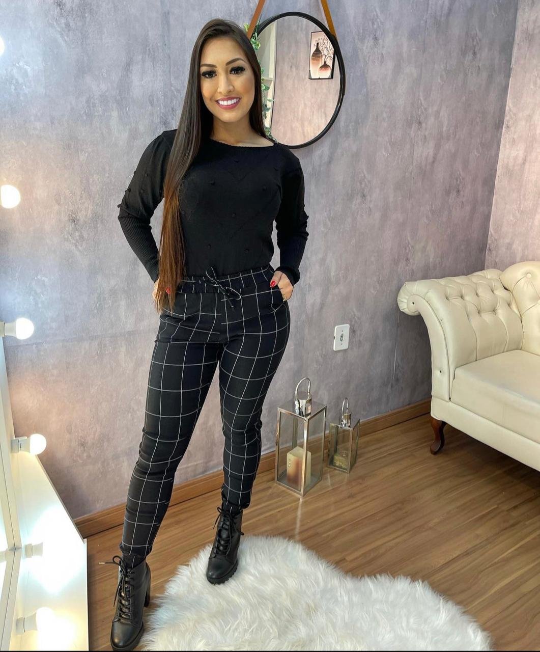 Calças online xadrez mulher