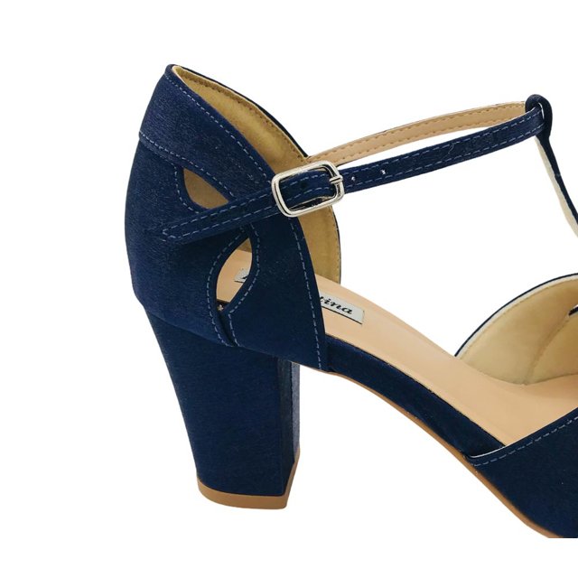 Sandália Festa Cetim Azul Marinho Salto Bloco - 3634/700 | Divalentina