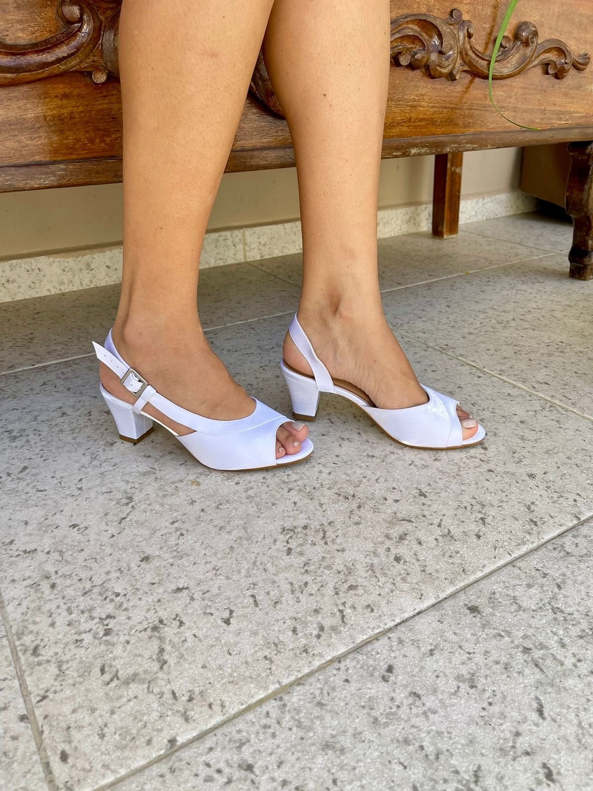 Sandália Branca Salto Baixo Sandalia Cetim Salto Grosso Off White