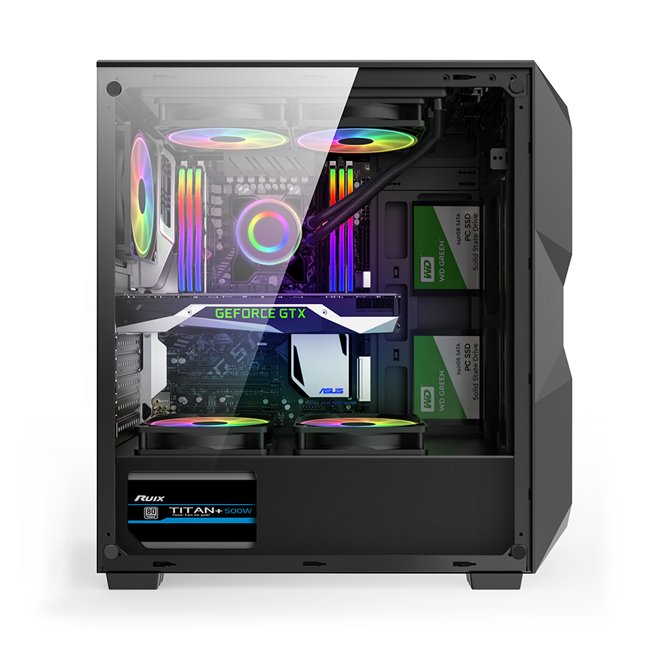 Gabinete Gamer Led RGB Hayom Preto Com Lateral de Vidro Temperado com 3 Ventoinhas GB1710