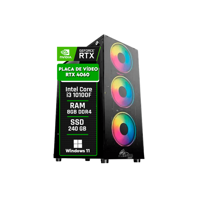 PC Gamer Intel Core i3 10100F / GeForce RTX 4060 / Memória DDR4 8GB / SSD 240GB