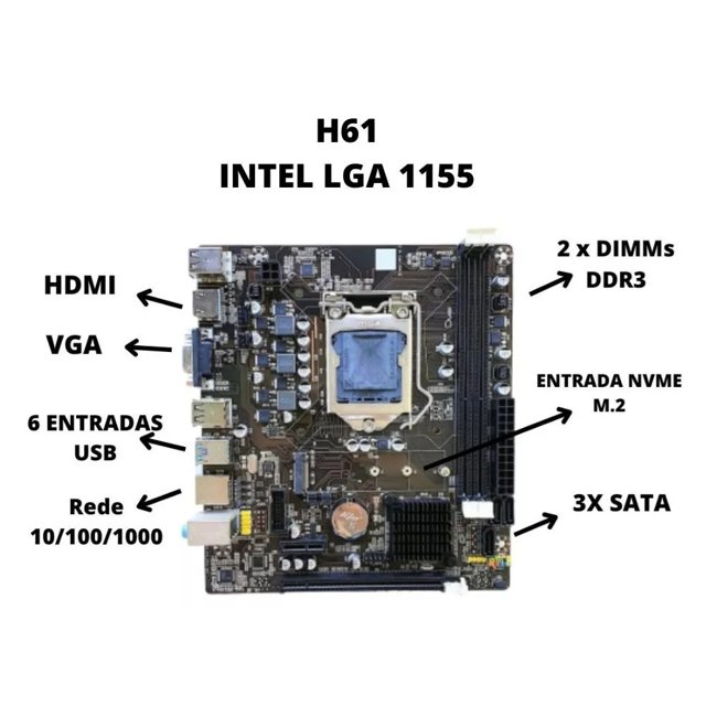 Kit Processador i5 + Placa Mae H61 1155 DDR3 HDMI VGA USB