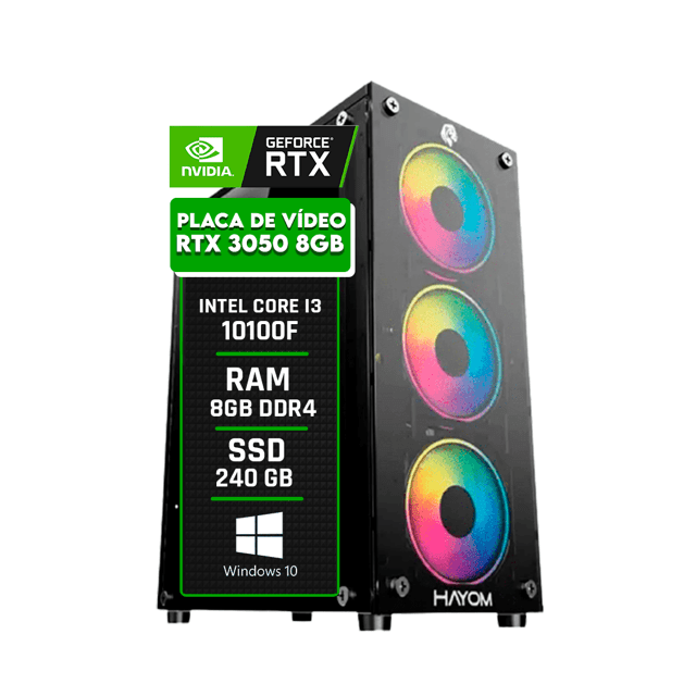 PC Gamer Intel i3 10100F / GeForce RTX 3050 8GB / Memória 8GB DDR4 / SSD 240GB