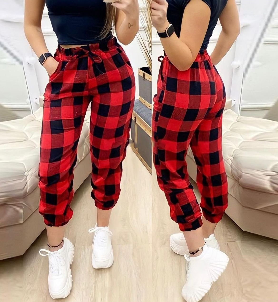 Calça moletom xadrez 2024 vermelha