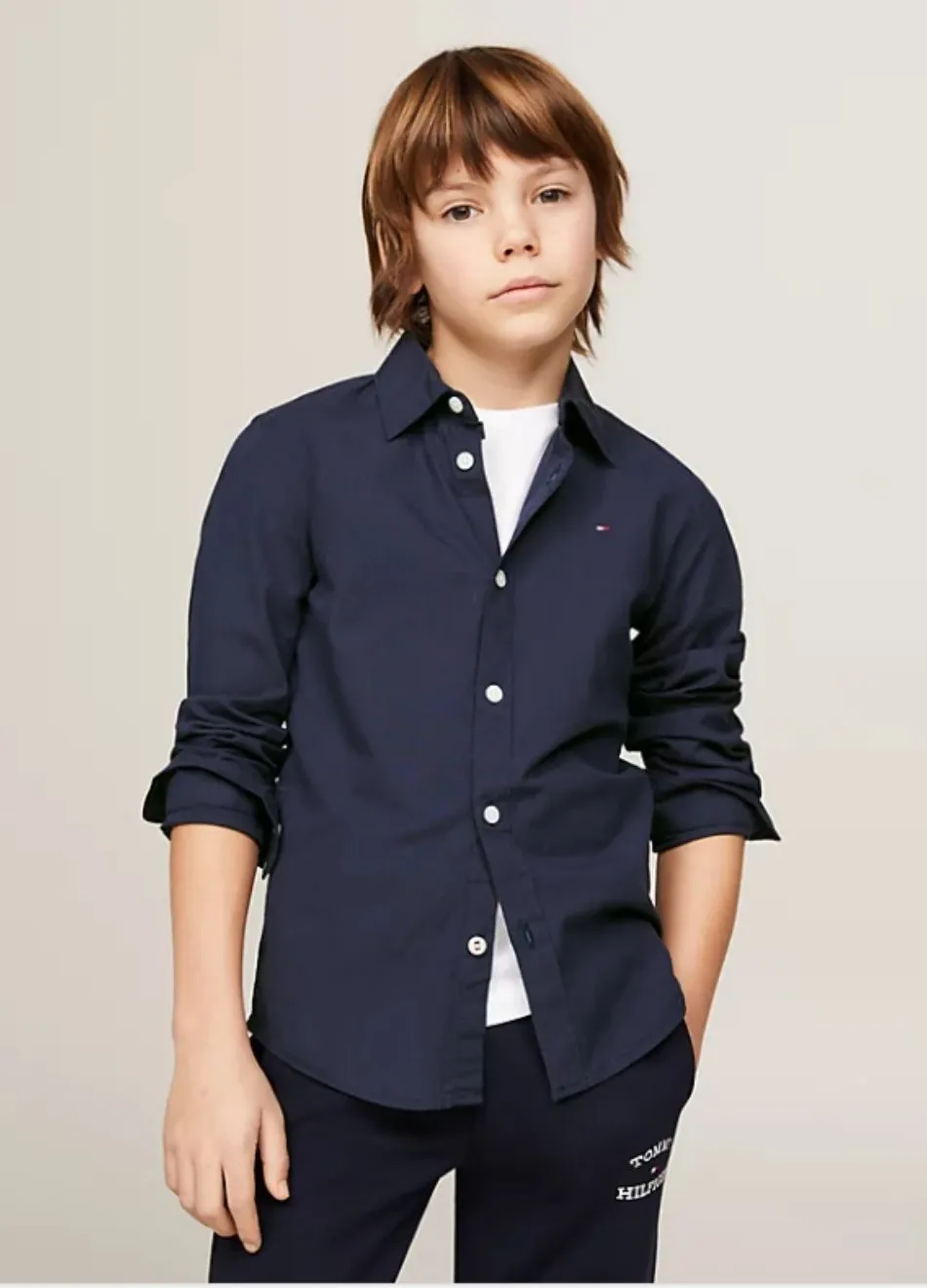 Camisa Tommy Hilfiger Infantil Manga Longa Stretch Azul MArinho