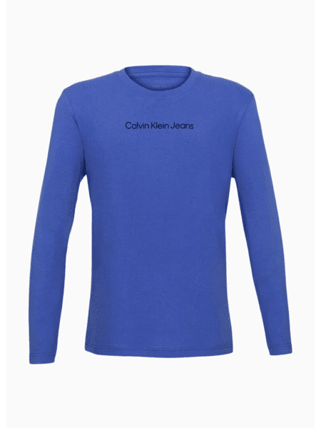 Camiseta Calvin Klein Jeans Infantil  Manga Longa Azul Carbono Logo Centro