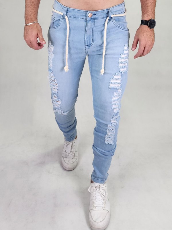 Calça Jeans Skinny Masculina Rasgada Lycra Azul Claro