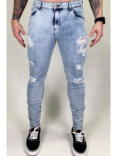 Calça Jeans Skinny Masculina Rasgada Lycra Azul Aço | Dustin Club