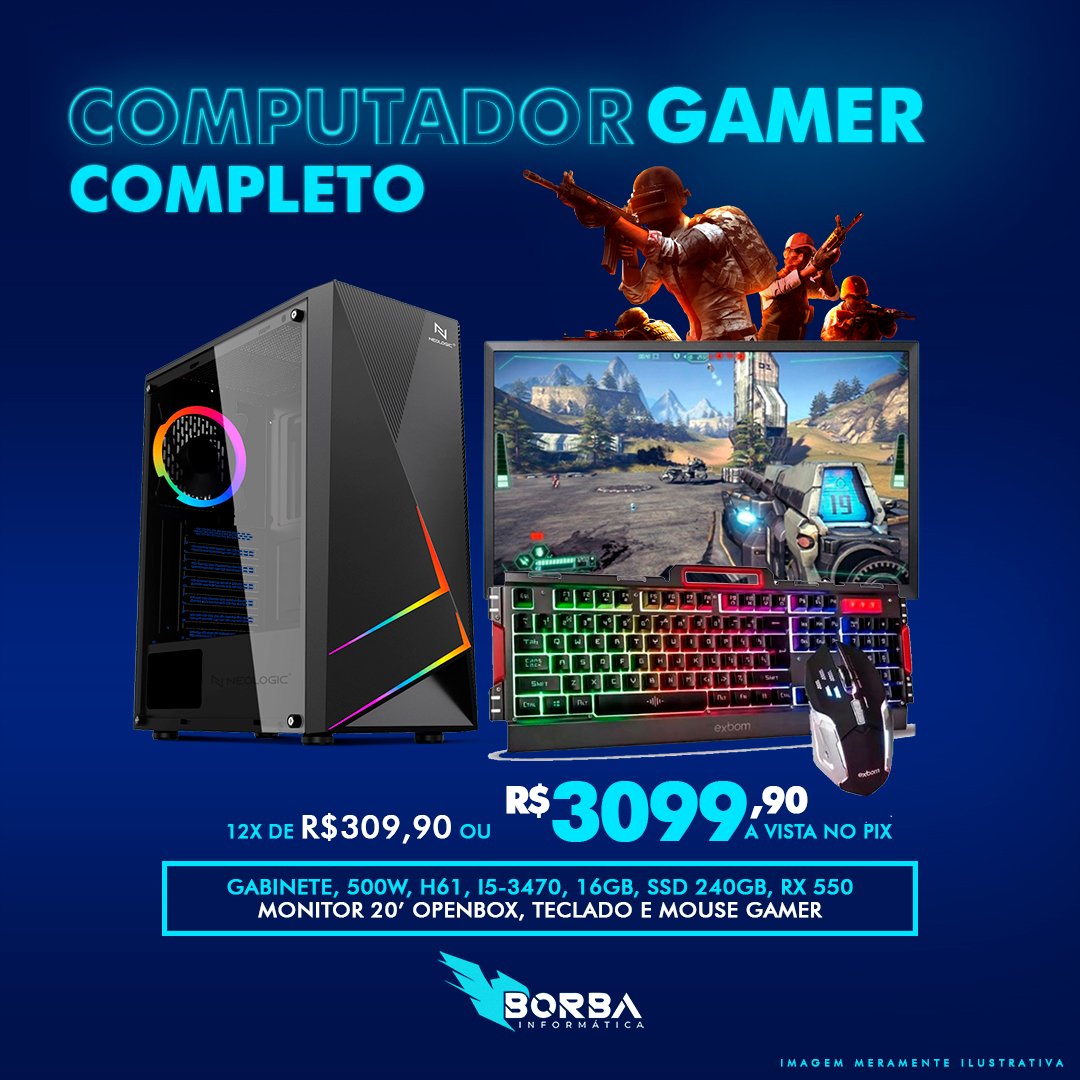 Computador Gamer Completo, I5-3470, 16GB, 240GB, RX 550