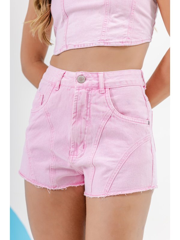 Short Hot Pants Cintura Alta em Jeans com Bolsos Frontais Rosa