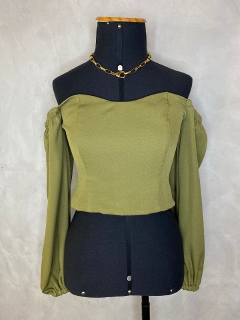 Blusa Sammy Crepe Ombro a Ombro Verde Militar