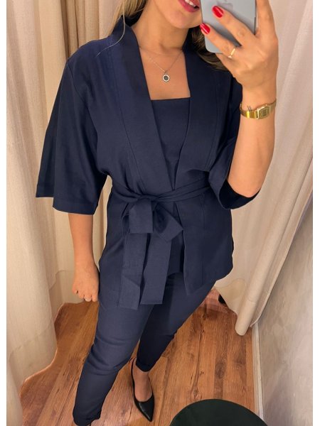 Kimono Linho Com Faixa Azul Marinho Sonho de Consumo