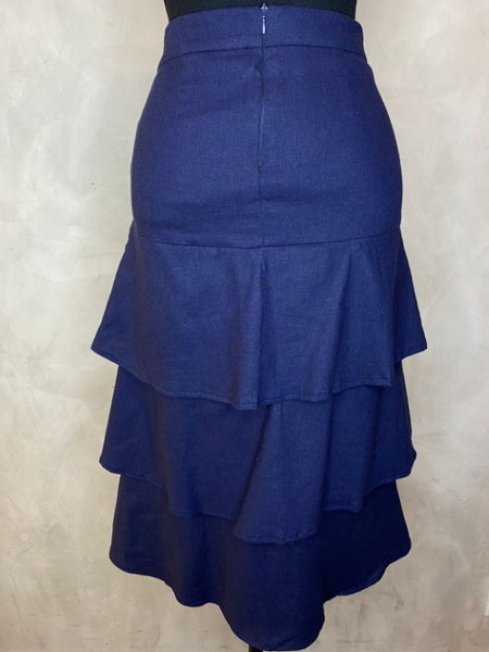Saia Midi Linho Com Babados Azul Marinho Sonho de Consumo
