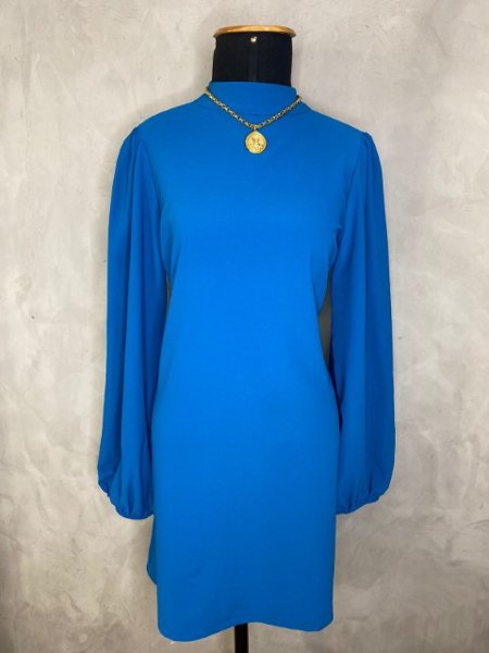 Vestido Curto Liso Manga Bufante Azul Charry