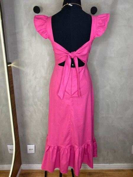 Vestido Midi Alça Babado Pink