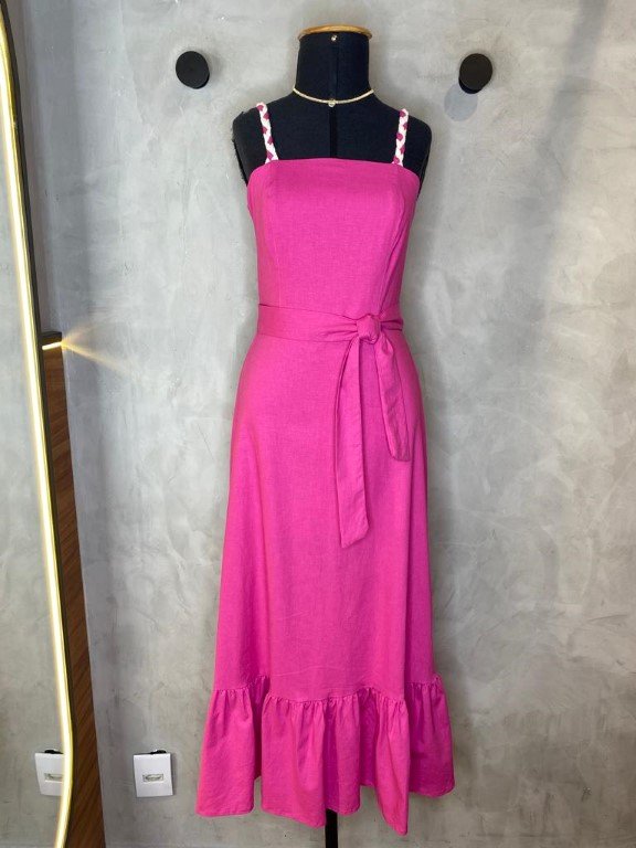 Vestido Midi Linho Alça Trançada Rosa Pink